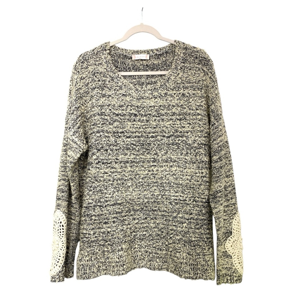 Altar’d State Black  Cream Shag Knit Sweater Crochet Sleeve Accents Size Large